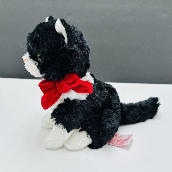 Russ Berrie Black and White Kitty Cat 8” Red Bow Sitting Stuffed Plush Tuxedo - Picture 3 of 7